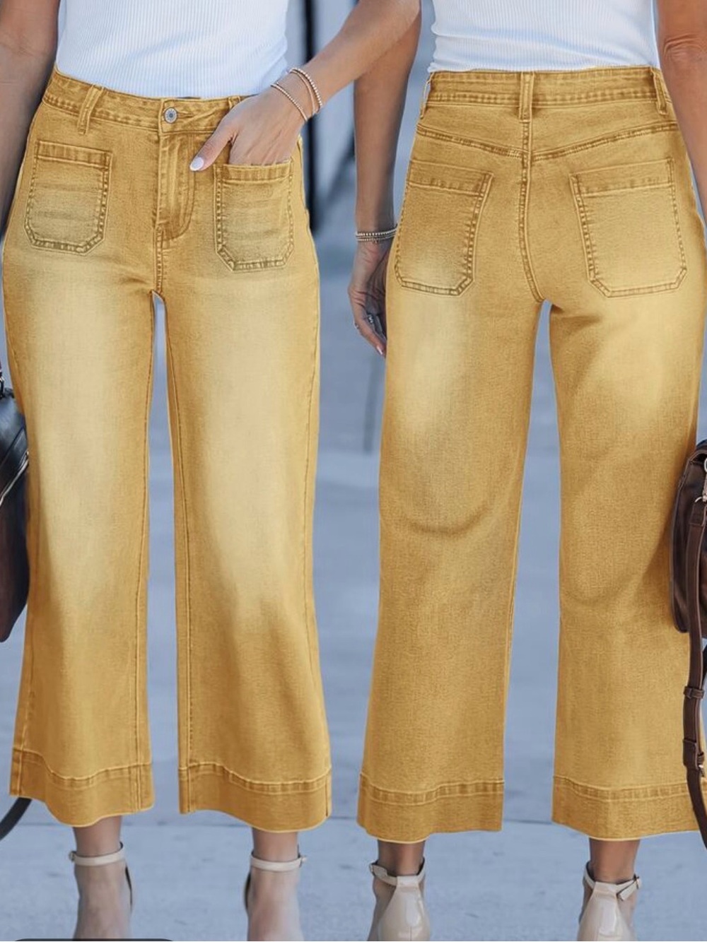 SHEIN Cropped Wide-Leg Jeans in Mustard Yellow